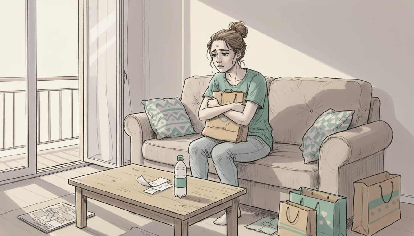 Zaniepokojona kobieta ściska mocno torby z zakupami, jakby obawiała się, że coś może jej wypaść z rąk.