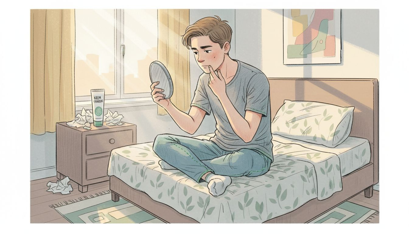 Nastolatek przygląda się swojej twarzy w lustrze, szukając miejsc, które mógłby rozdrapać.