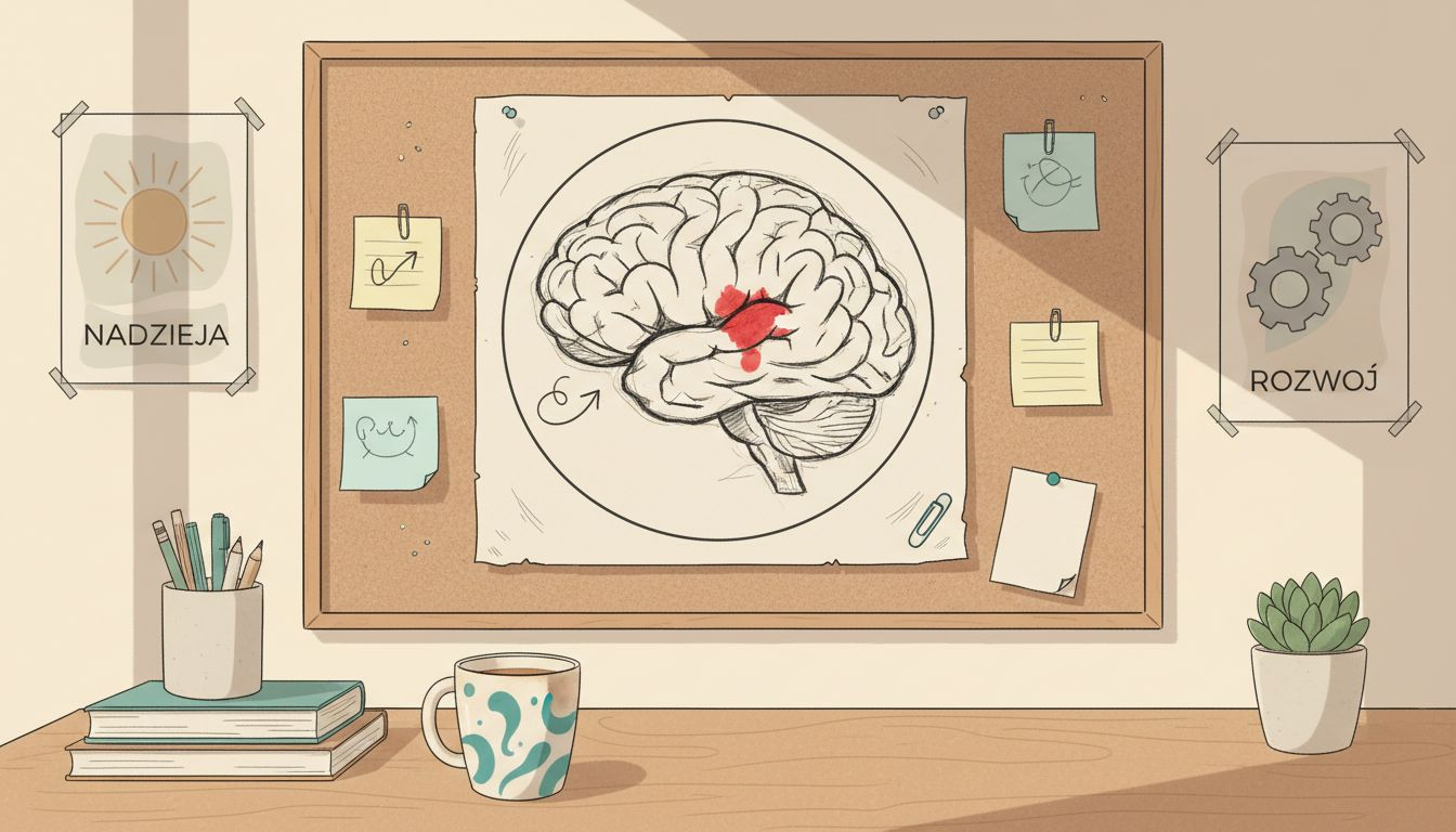 Schemat mózgu z zaznaczoną ciałem migdałowatym przypięty do tablicy korkowej