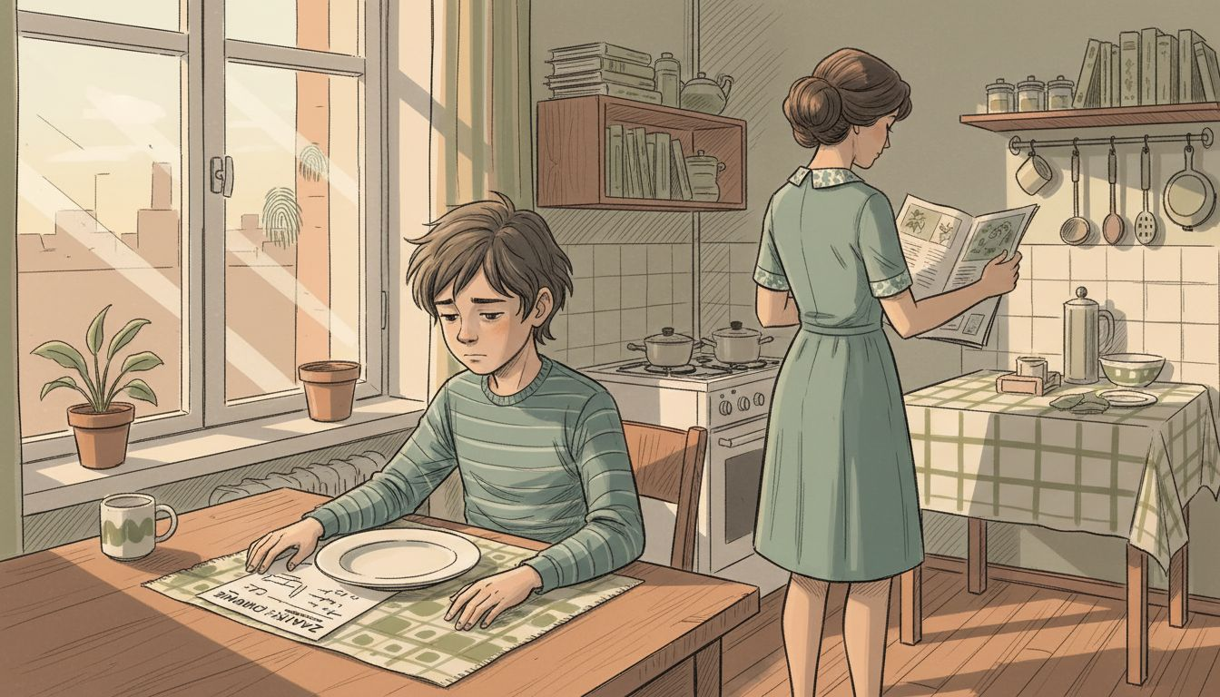 Dziecko siedzi przy kuchennym stole naprzeciwko rodzica, z którym trudno mu nawiązać bliższy kontakt.