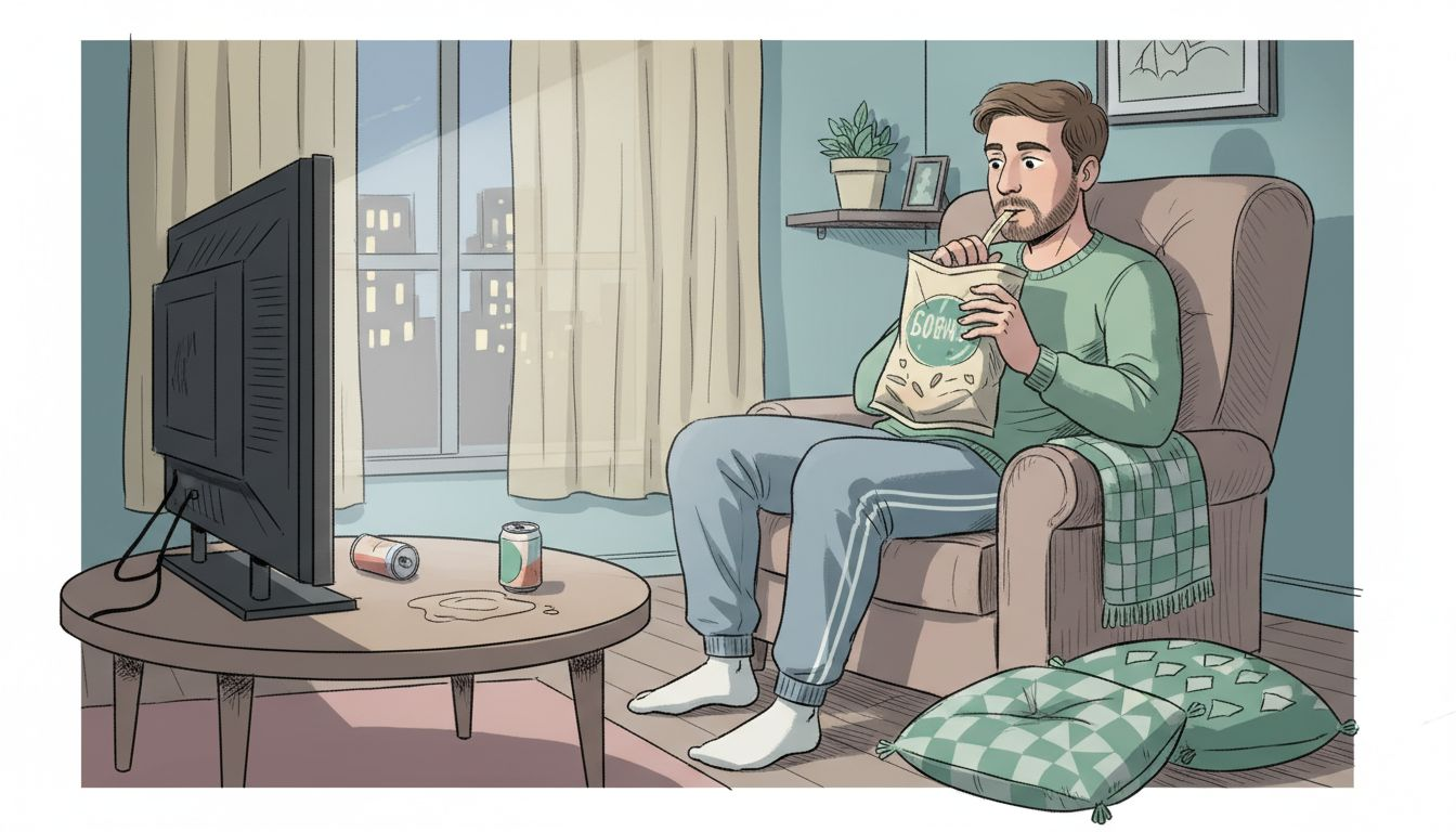 Facet zajada się przekąskami w salonie późnym wieczorem, próbując w ten sposób rozładować stres.