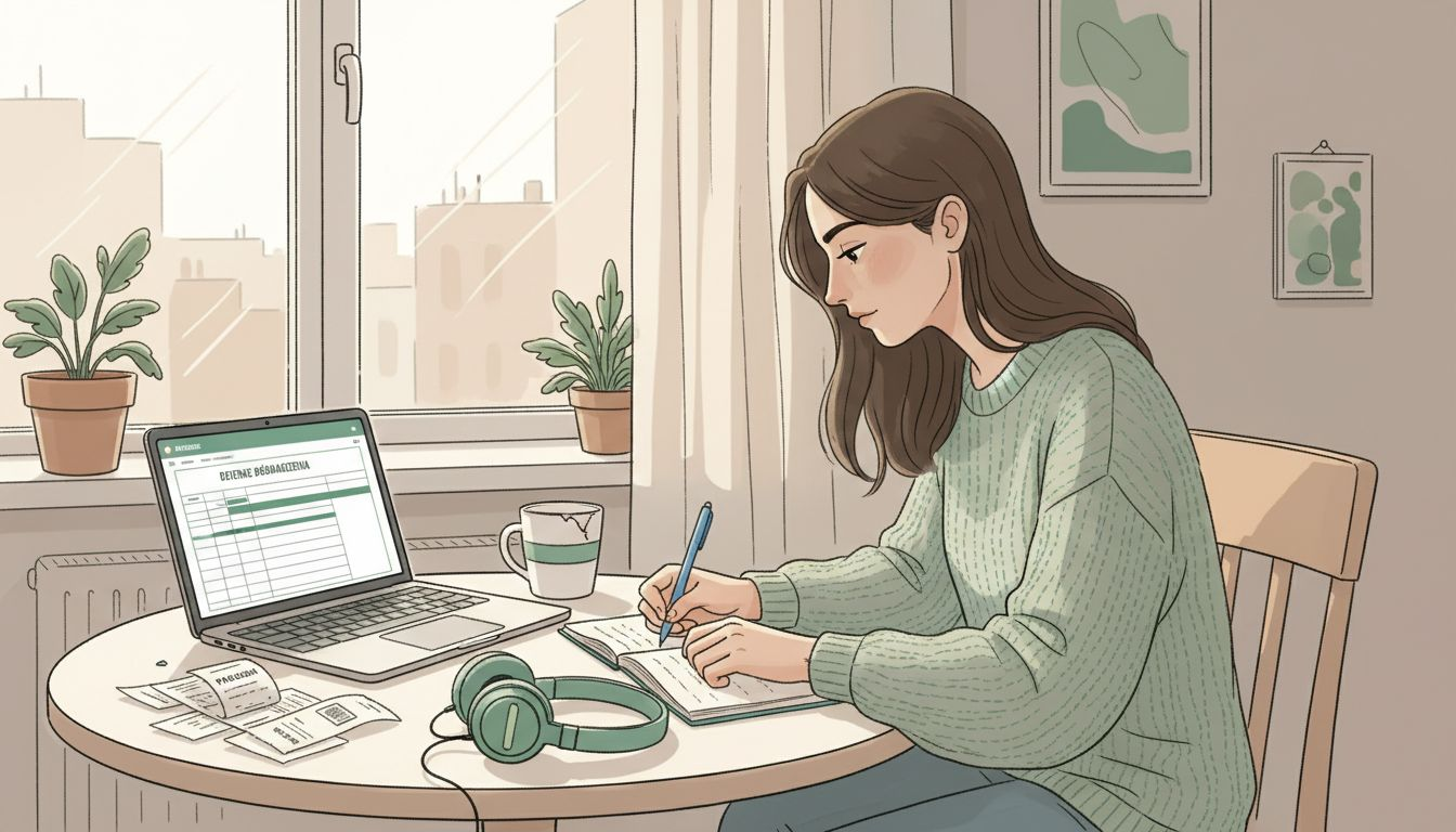 Kobieta zapisuje w swoim dzienniku myśli i uczucia związane z lękiem wysokości.