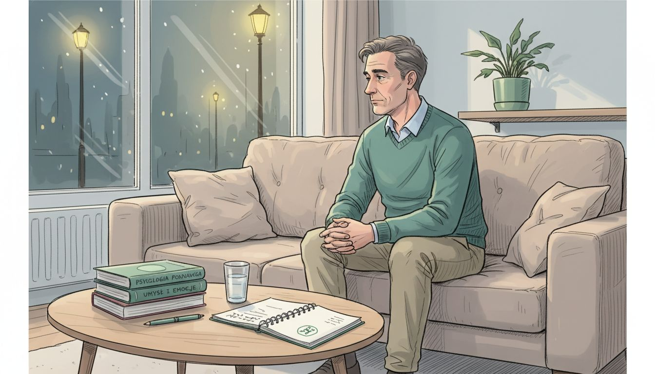 Zamyślona osoba siedzi w domu po sesji terapeutycznej, próbując poukładać swoje myśli i emocje.