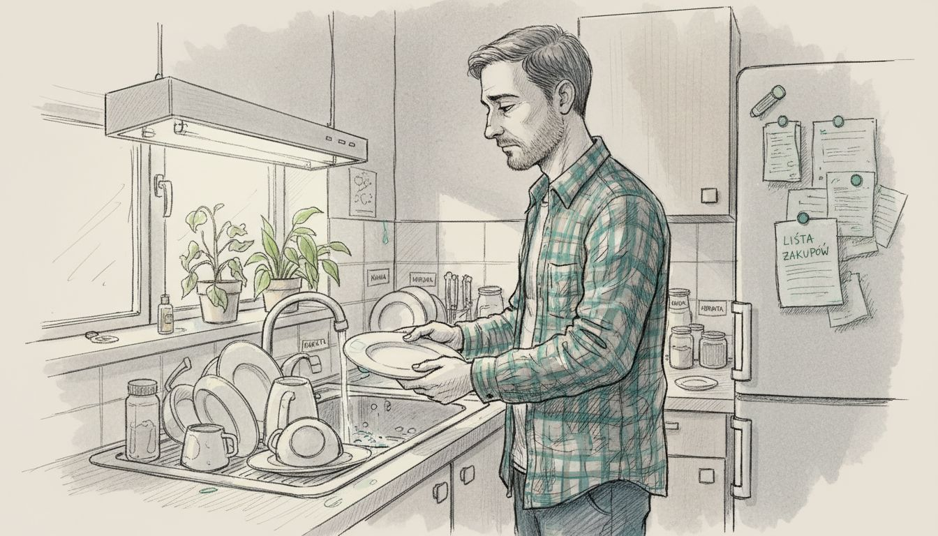 Mężczyzna w kuchni, przeżywający trudne chwile emocjonalne