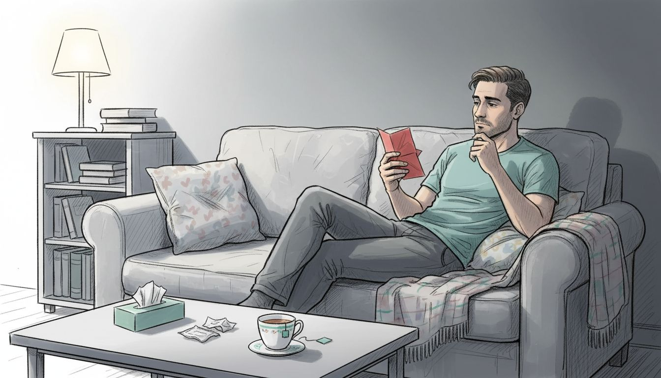 Mężczyzna siedzi samotnie na kanapie, trzymając w rękach walentynkową kartkę i wyglądając na przygnębionego.