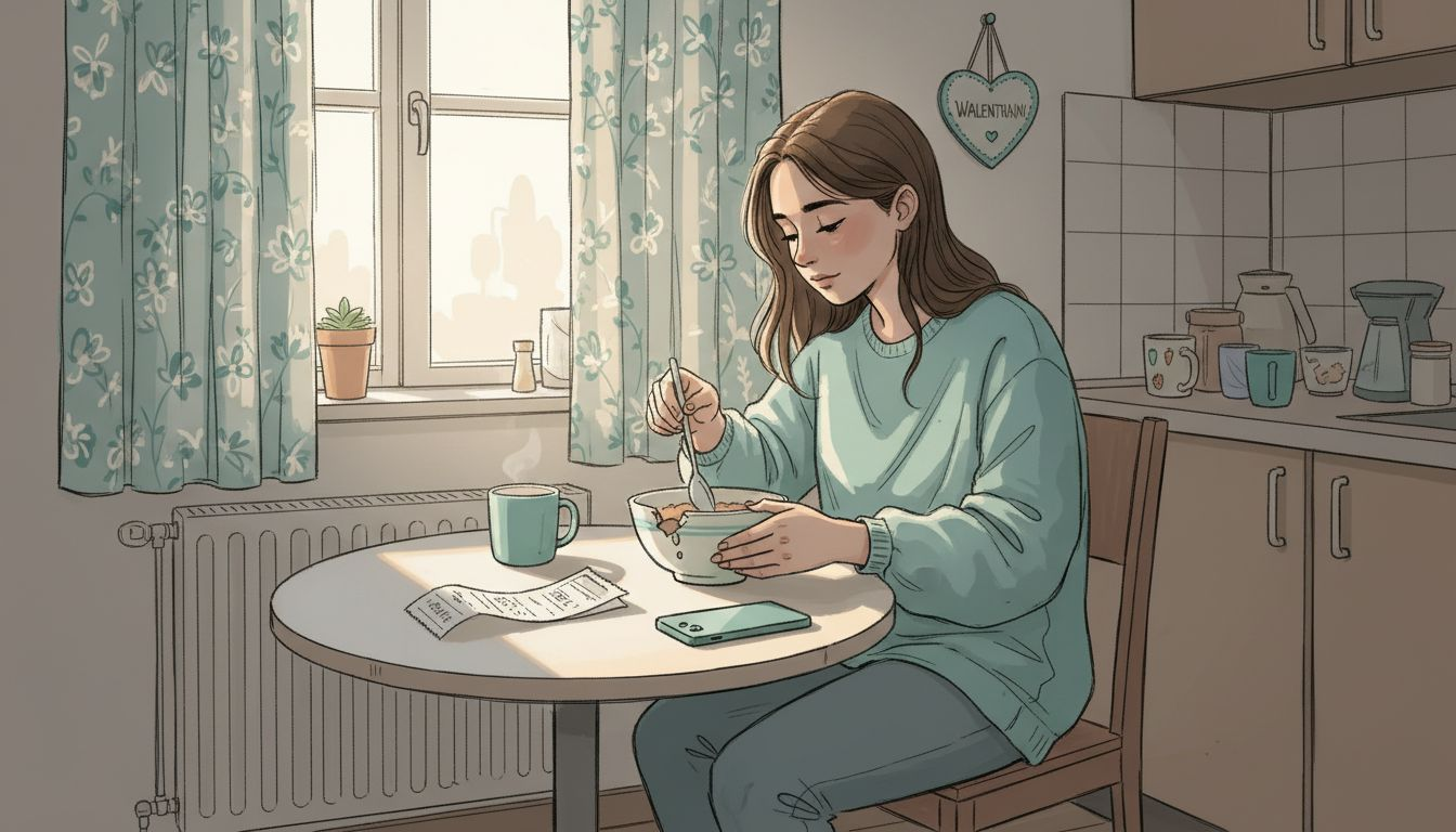 Kobieta siedzi samotnie przy zabałaganionym kuchennym stole.