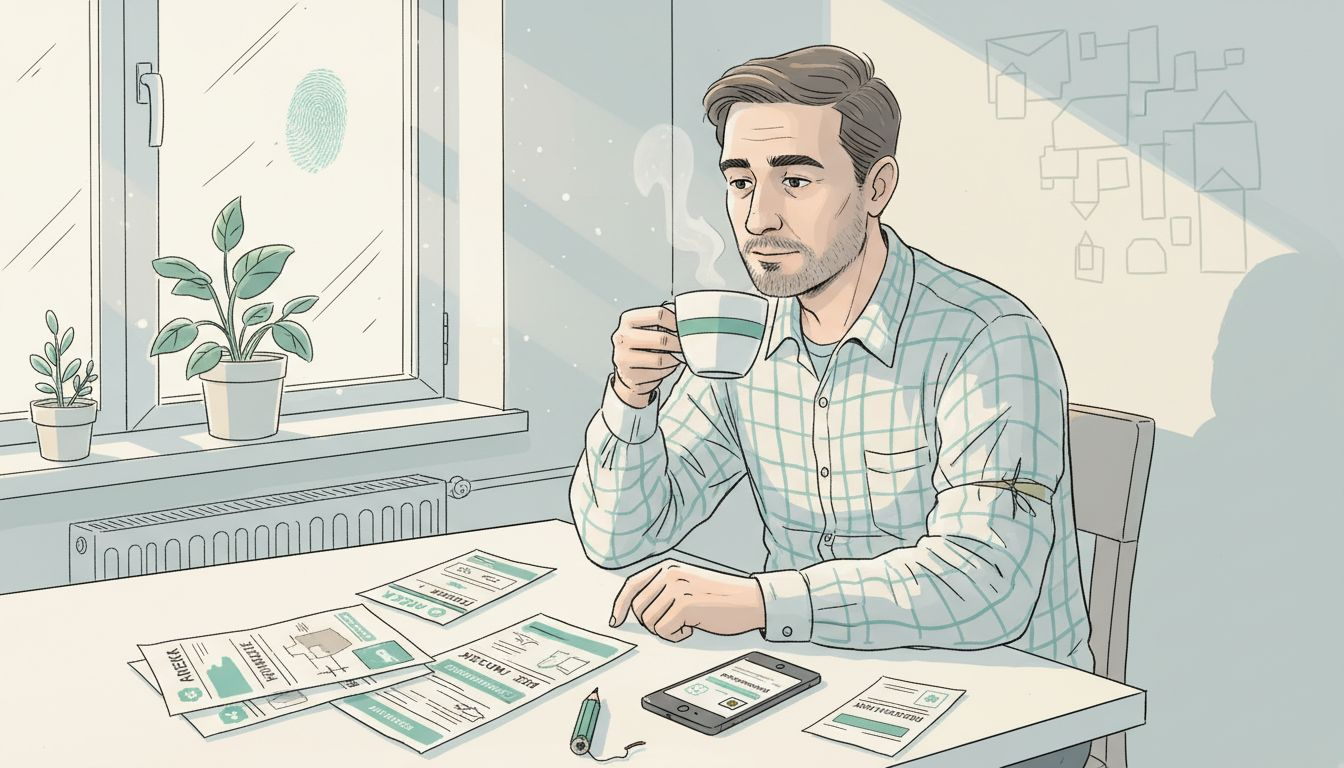 Mężczyzna siedzi sam przy stole, na którym panuje bałagan.