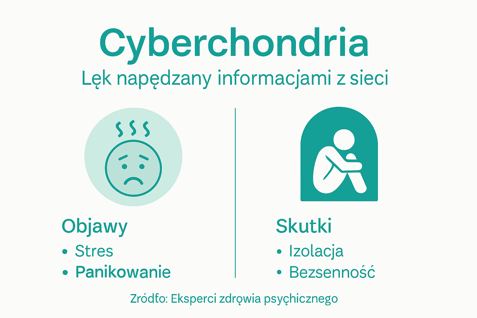 Na infografice przedstawiono, jakie objawy mogą towarzyszyć cyberchondrii oraz z jakimi konsekwencjami może się ona wiązać.