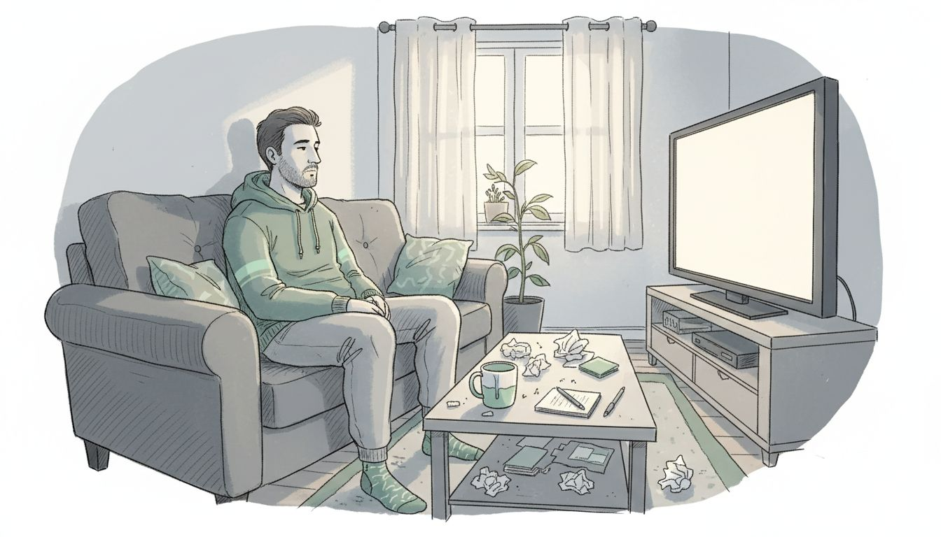 Młody mężczyzna pogrążony w smutku siedzi w salonie.