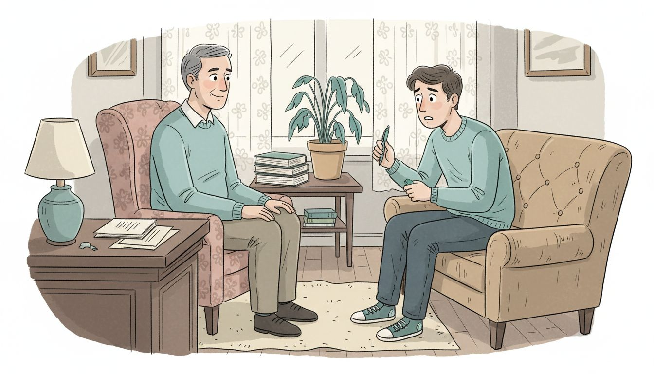 Psycholog rozmawia z pacjentem podczas spotkania terapeutycznego.