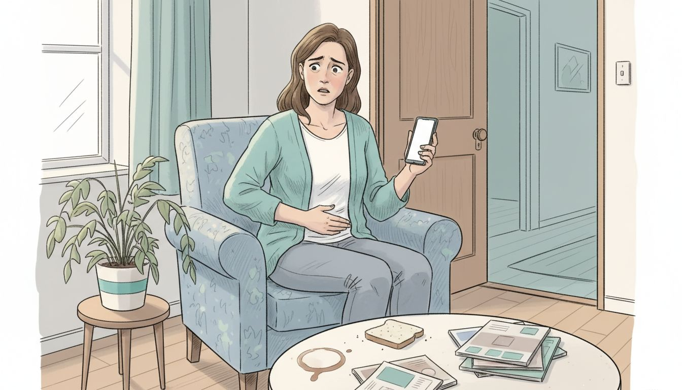 Kobieta odczuwa ból brzucha i jest podenerwowana.