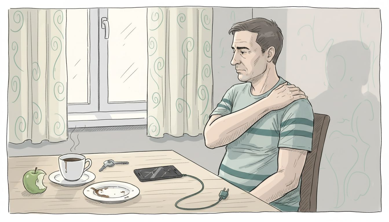 Mężczyzna pociera ramię, próbując pozbyć się nieprzyjemnego mrowienia.