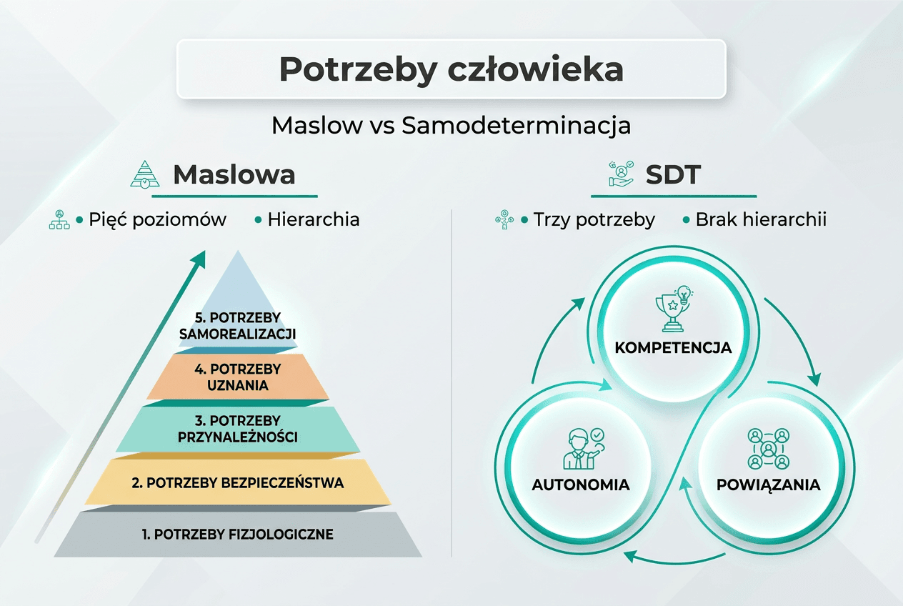 Infografika: zestawienie piramidy Maslowa z teorią autodeterminacji (SDT)