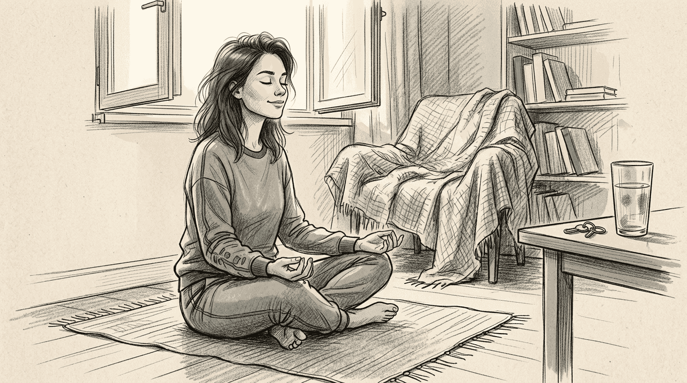 Kobieta skupia się na uważności, siedząc na macie do ćwiczeń.