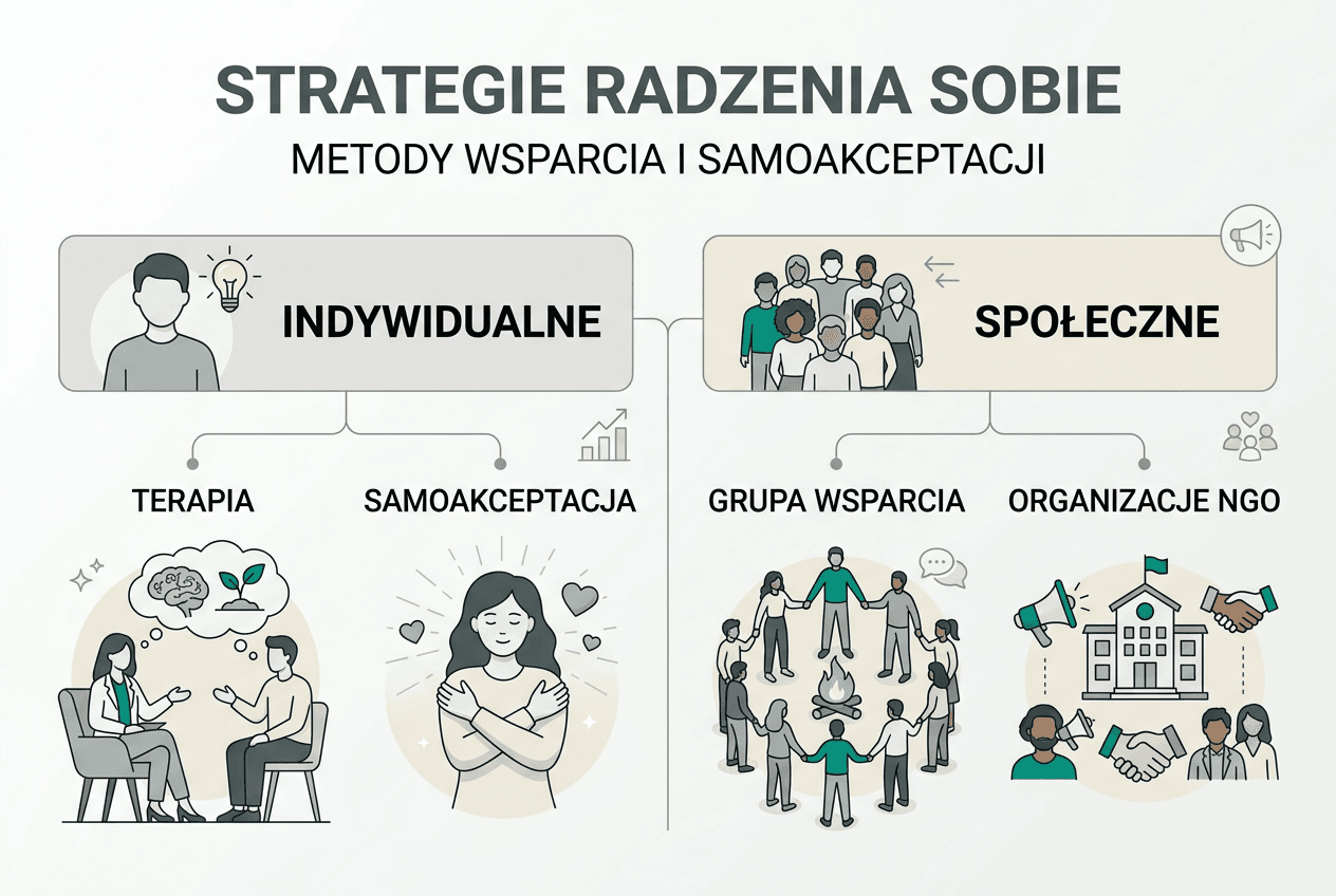 Infografika prezentująca sposoby wspierania innych oraz skuteczne metody radzenia sobie w trudnych sytuacjach.