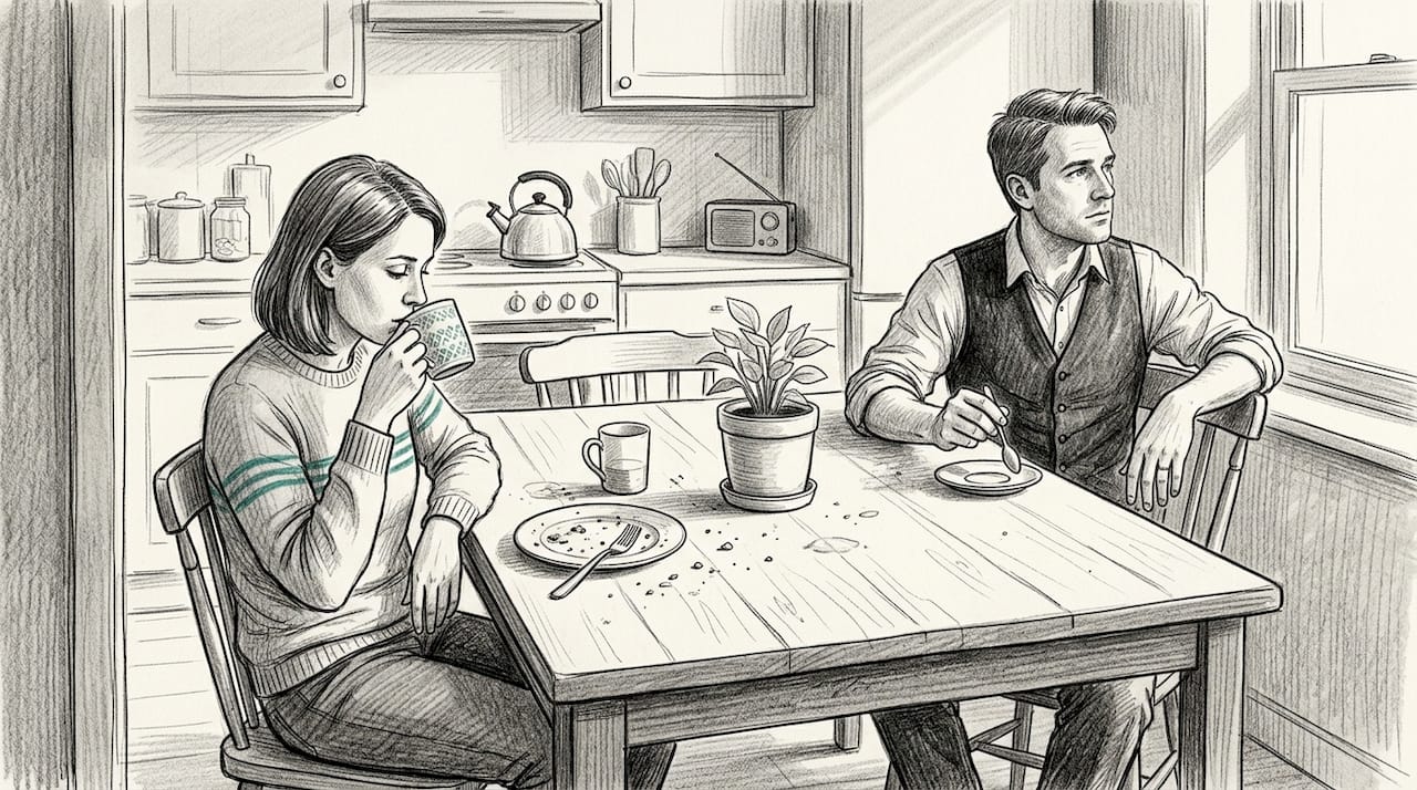 Para siedzi przy kuchennym stole, wyraźnie oddalona od siebie emocjonalnie.
