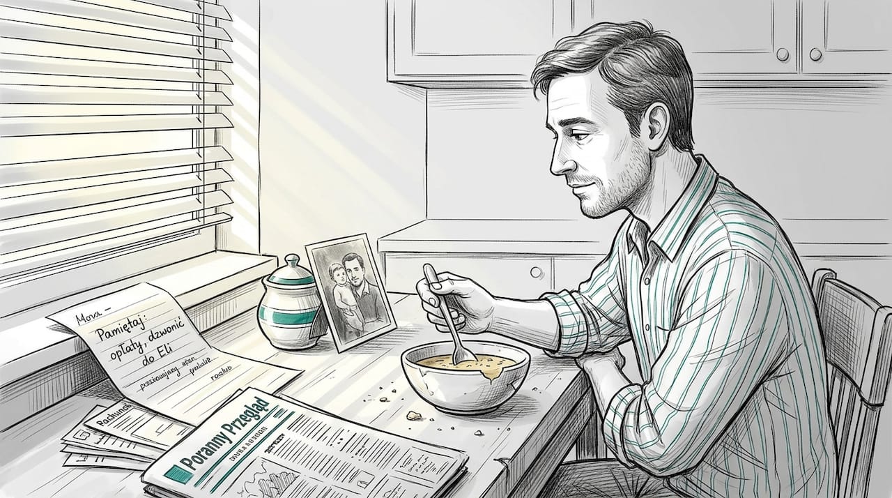 Mężczyzna siedzi zamyślony przy kuchennym stole, spoglądając na rodzinne zdjęcie.