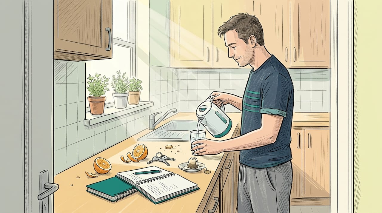 Mężczyzna stoi samotnie przy kuchennym blacie, pogrążony w zadumie.