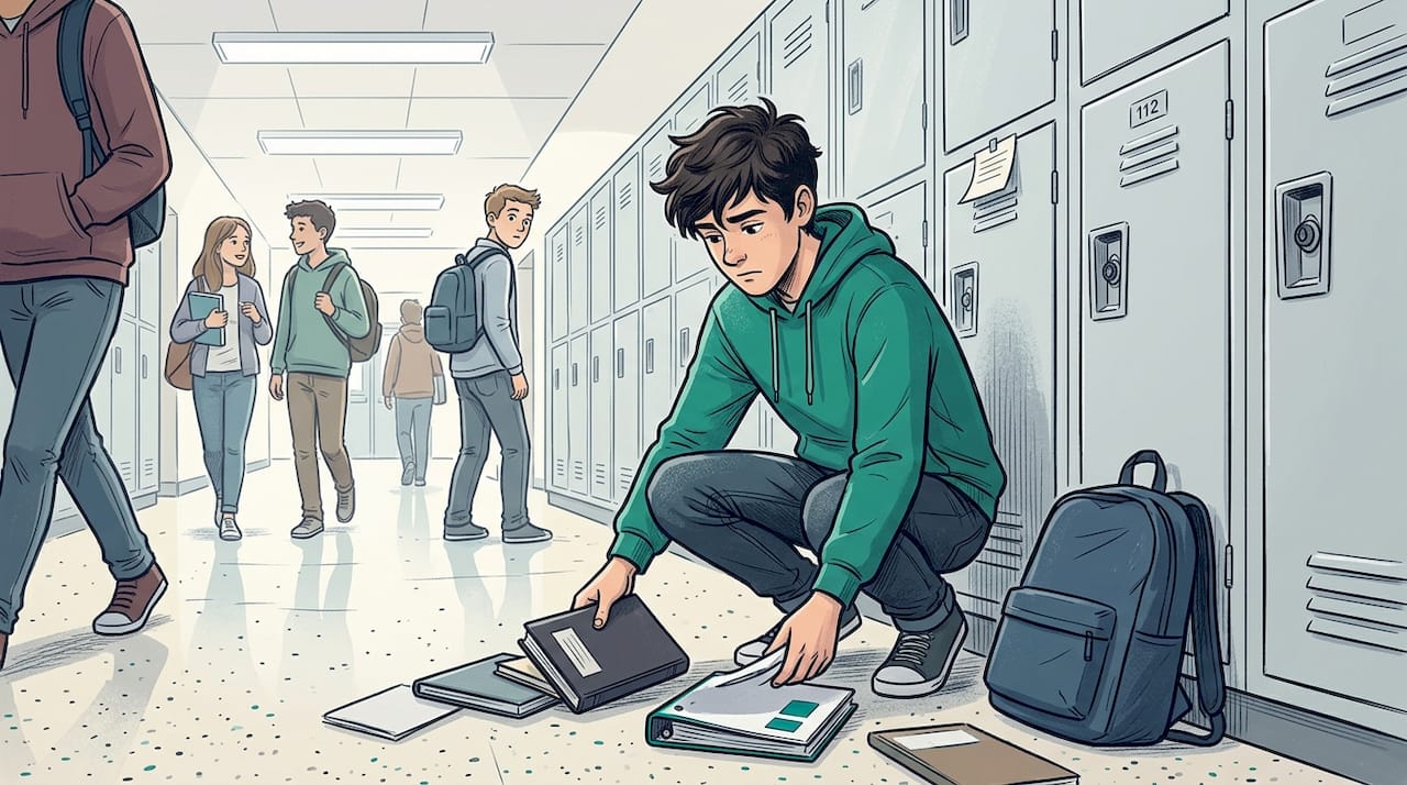 Student picking up books in busy school hallway