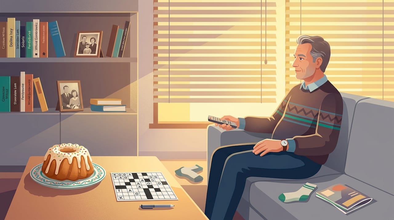 Samotny mężczyzna siedzący w salonie, otoczony świąteczną atmosferą, ale bez towarzystwa bliskich.