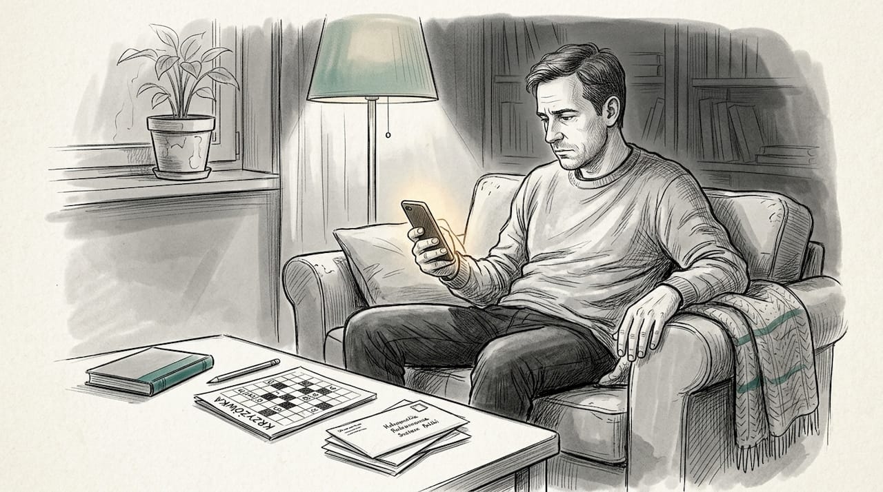 Mężczyzna siedzi wieczorem sam na kanapie, wpatrzony w ekran telefonu.