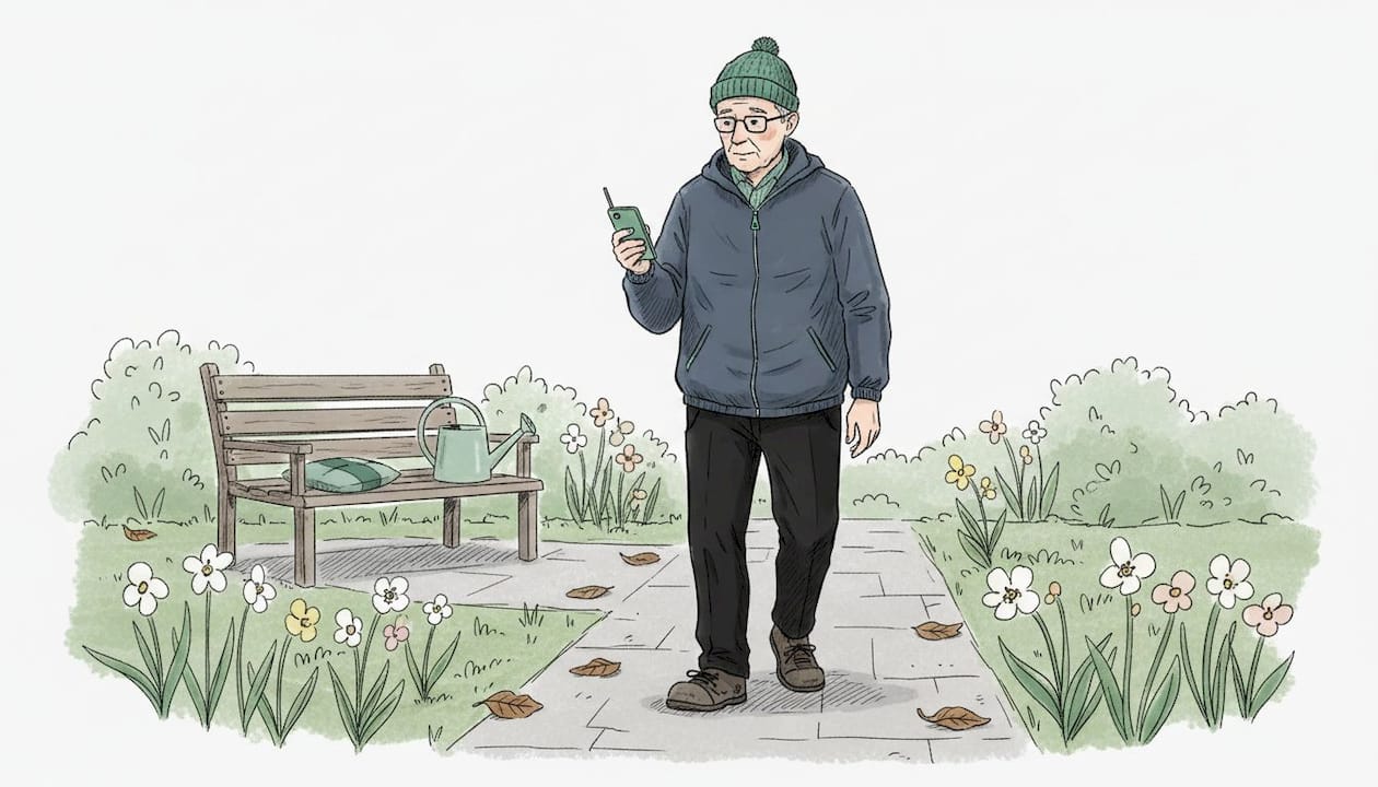 Starszy pan spaceruje po ogrodzie, rozmawiając przez telefon.