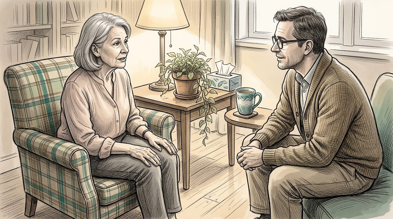 Psychoterapeutka rozmawia z seniorką podczas spotkania w gabinecie.