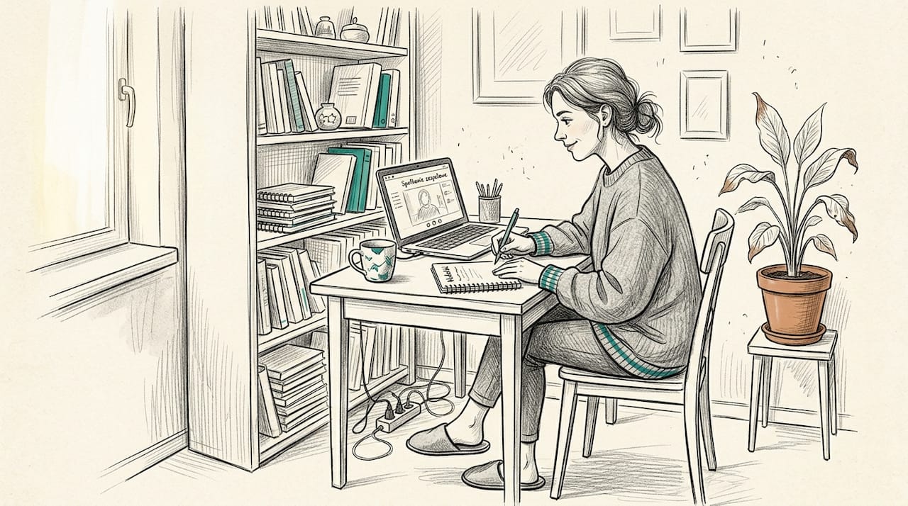 Kobieta podczas sesji terapeutycznej online we własnym domu