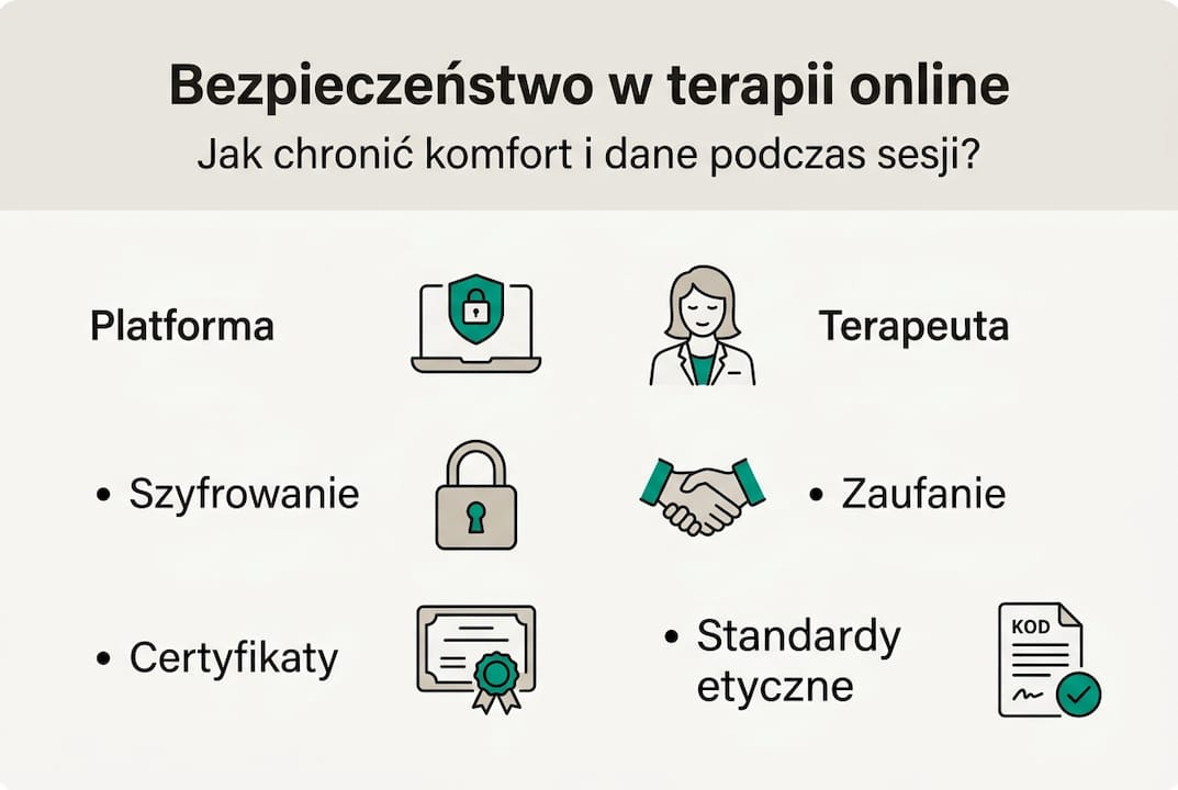 Infografika prezentująca kluczowe obszary bezpieczeństwa w terapii online