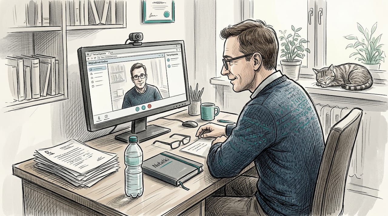 Psycholog siedzi przy biurku i sprawdza, czy internet działa poprawnie.