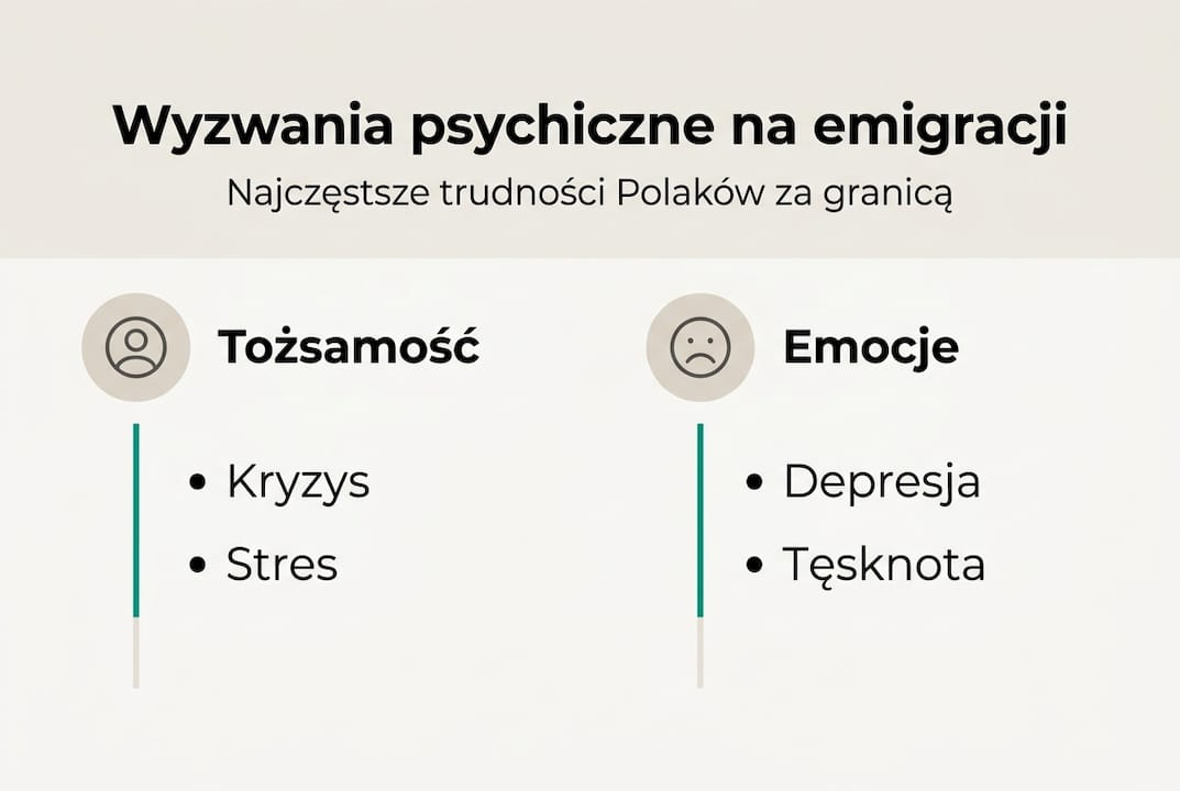 Infografika przedstawiająca wyzwania psychiczne, z którymi mierzą się osoby mieszkające za granicą