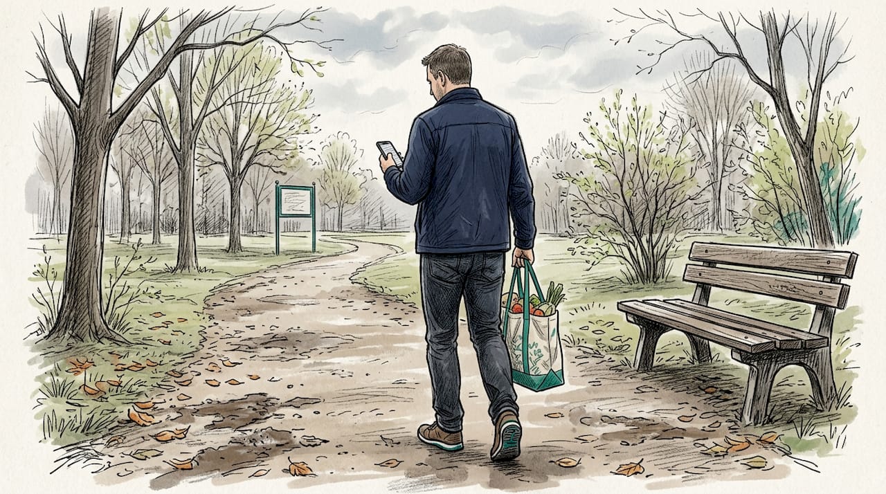 Mężczyzna przechadza się po parku miejskim w obcym kraju.