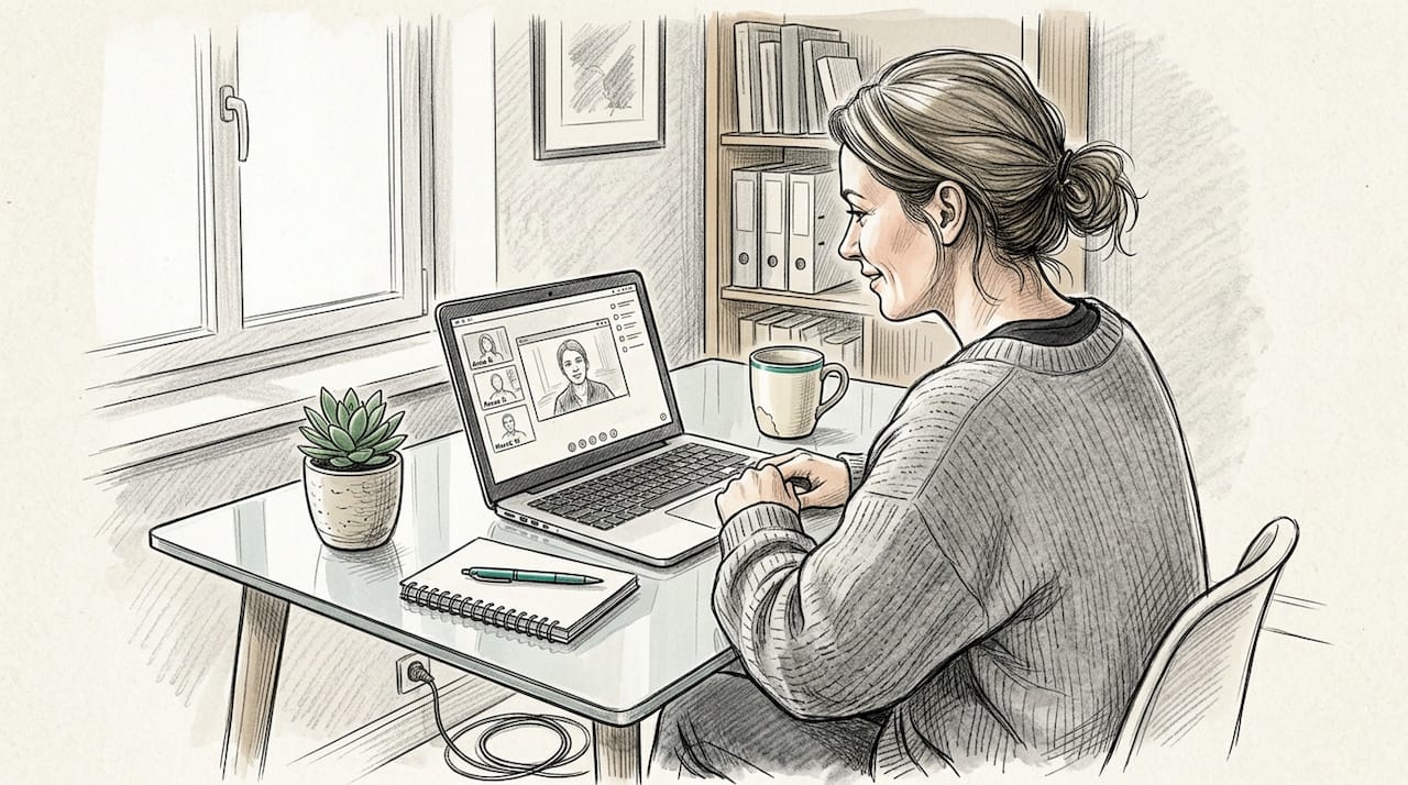 Kobieta podczas terapii online pracuje w swoim domowym gabinecie