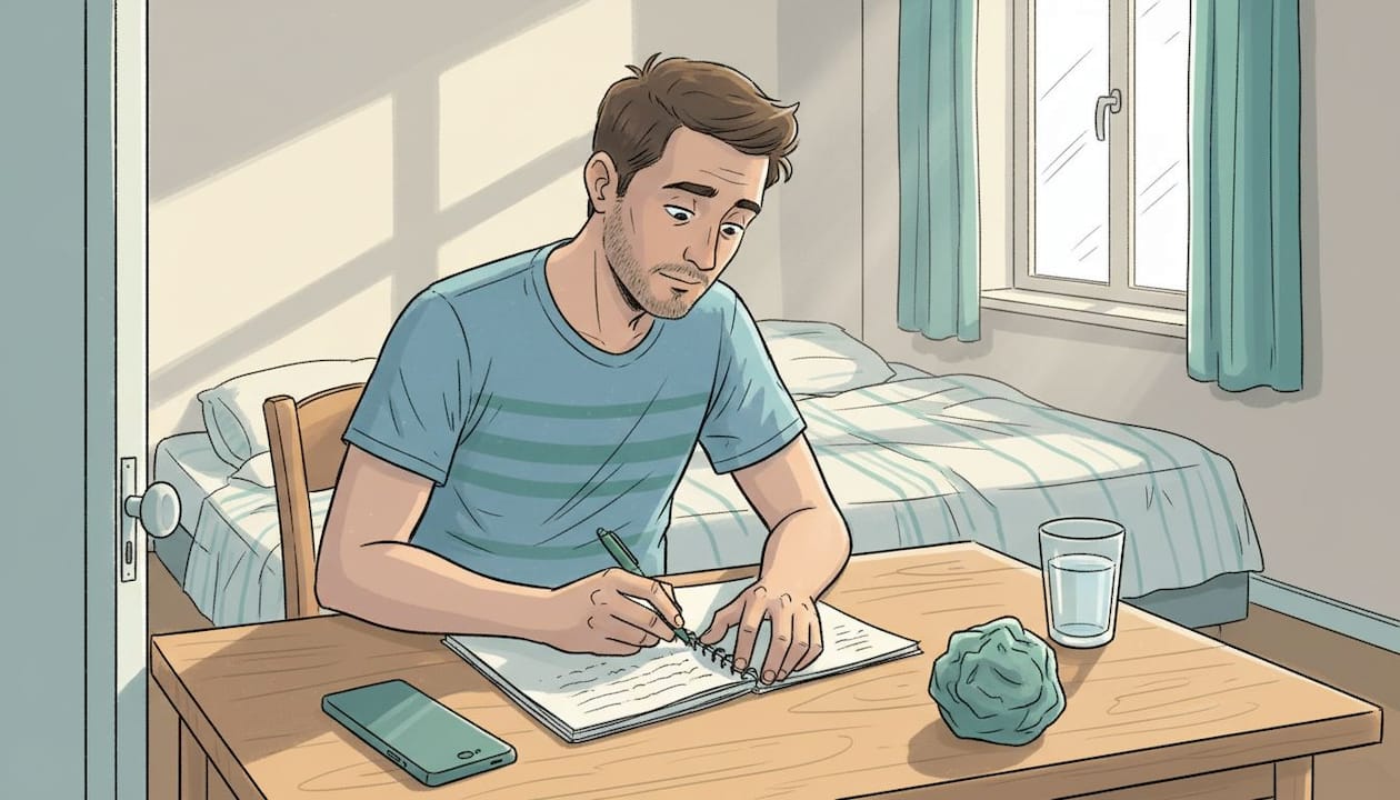 Mężczyzna siedzi przy biurku i zapisuje ćwiczenie relaksacyjne.