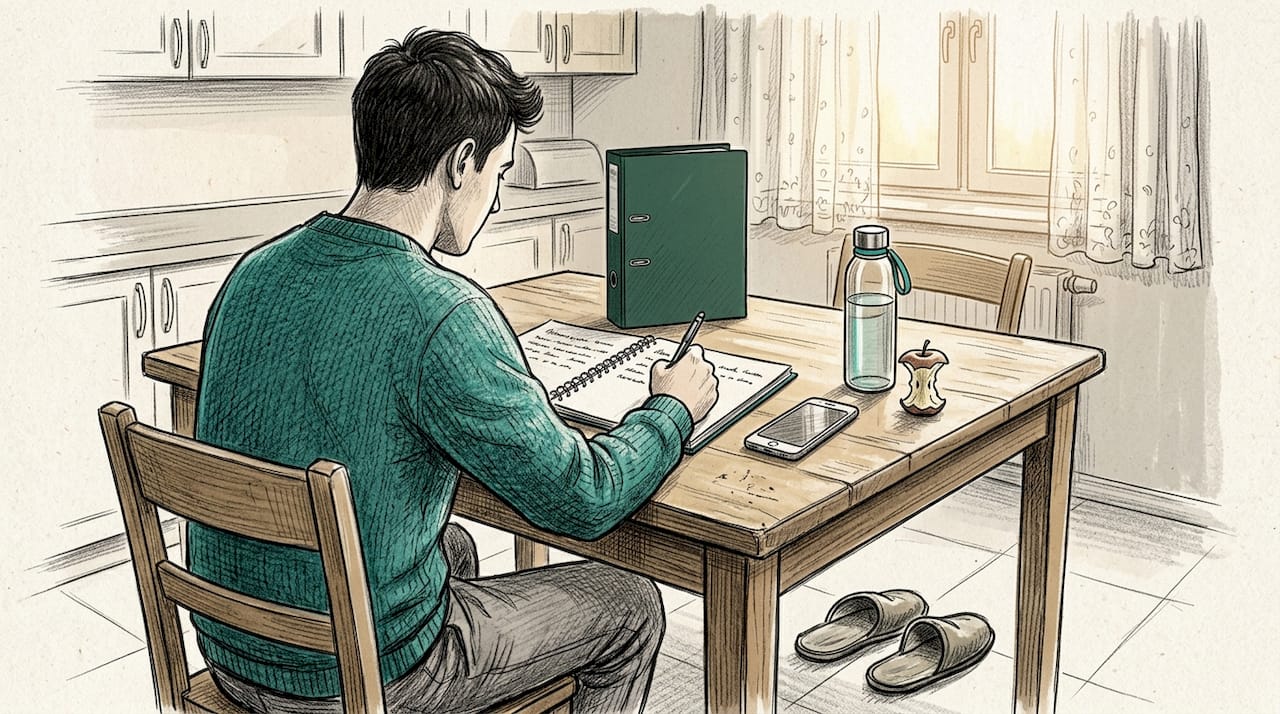 Mężczyzna sporządza notatki, siedząc przy stole w kuchni.