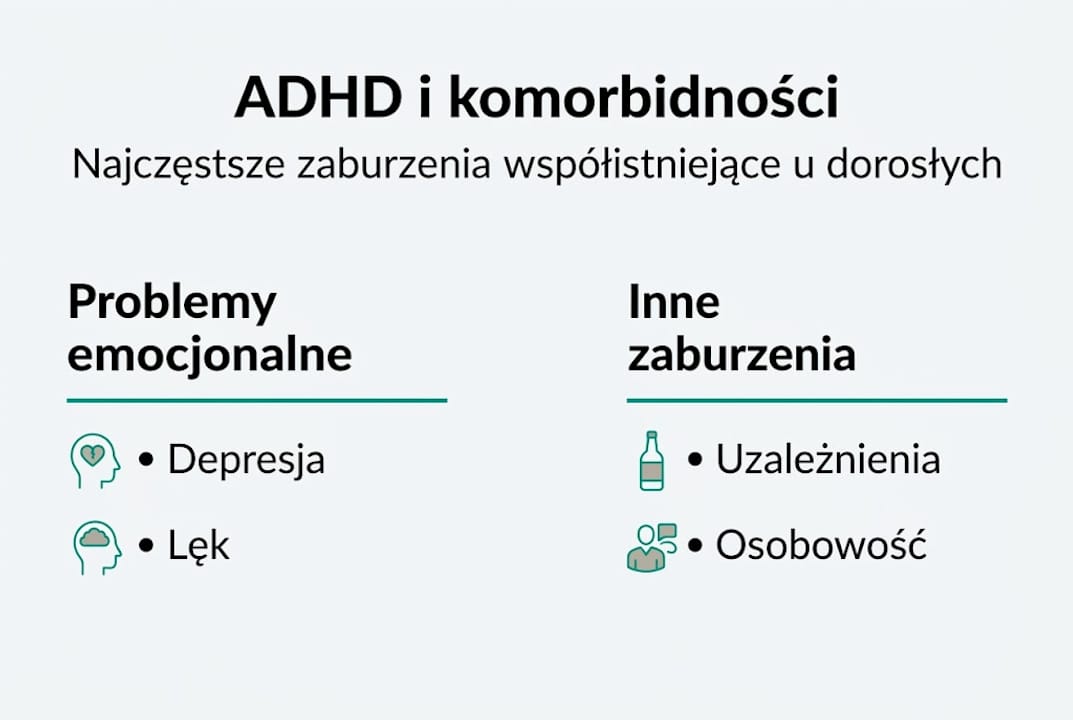 Infografika przedstawiająca najczęściej współwystępujące zaburzenia przy ADHD