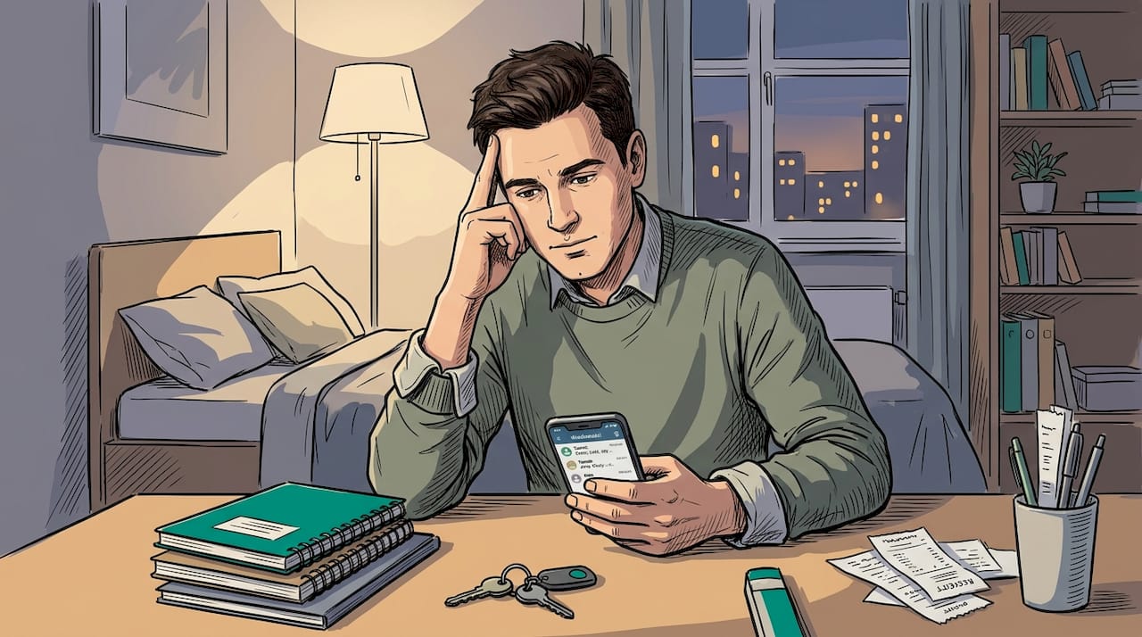 Mężczyzna siedzący wieczorem przy biurku, pogrążony w zadumie.