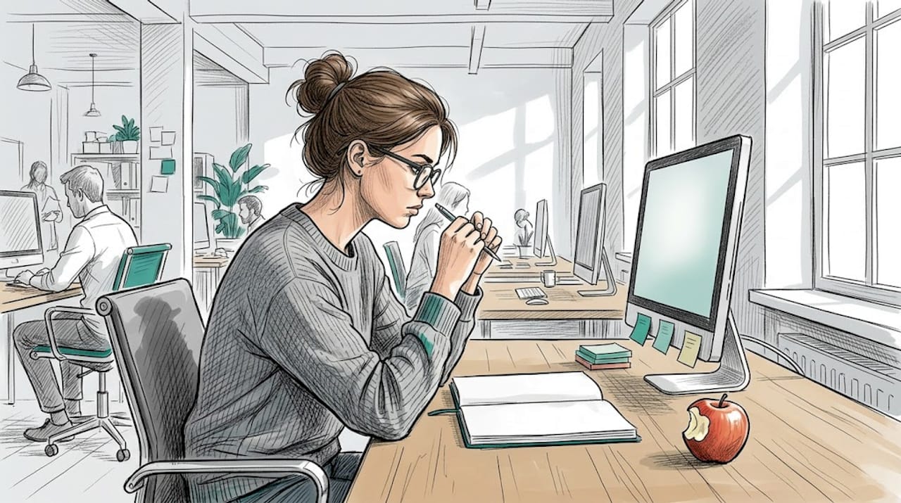 Kobieta siedzi przy uporządkowanym biurku w nowoczesnym, otwartym biurze, ale trudno jej się skupić – coś wyraźnie rozprasza jej uwagę.