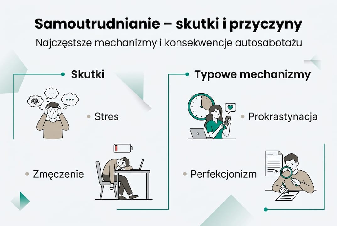 Infografika ukazująca, jak działa autosabotaż i jakie konsekwencje może ze sobą nieść