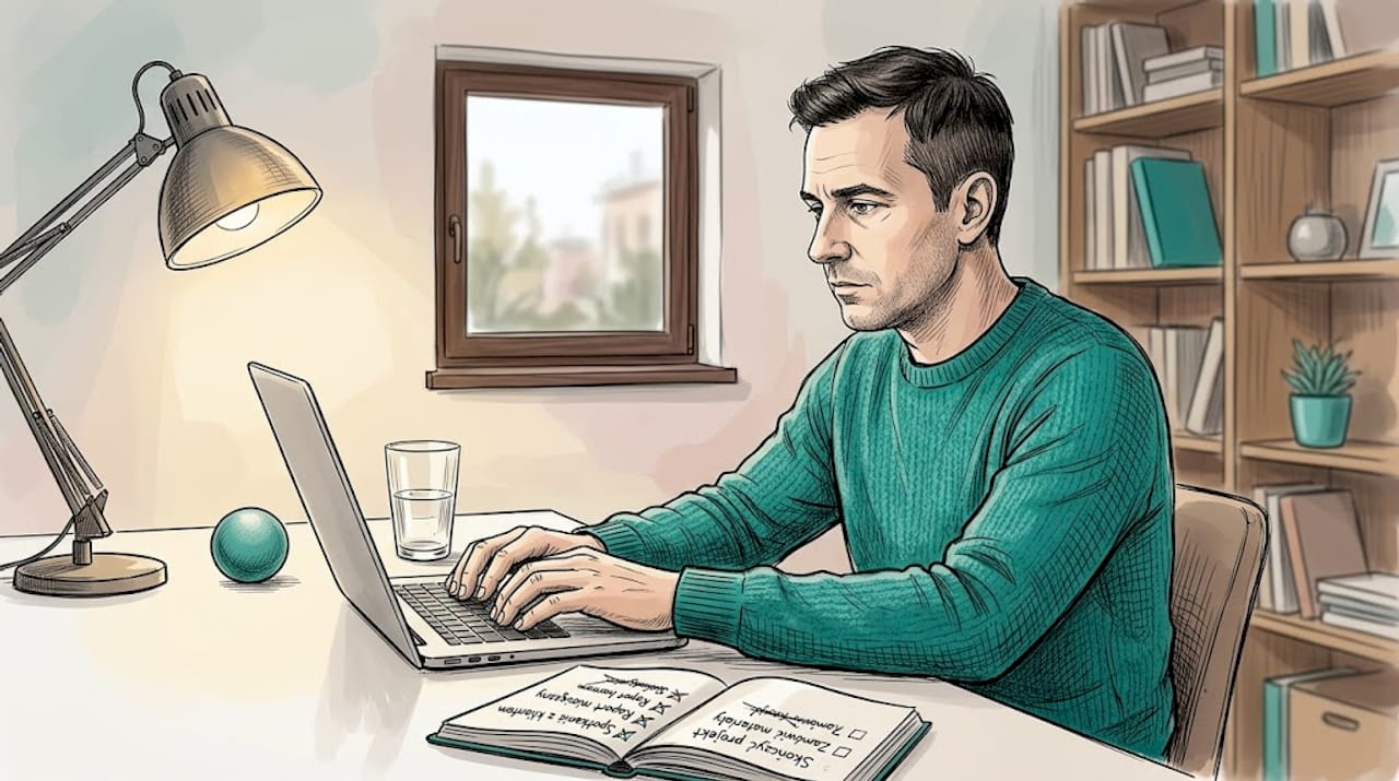 Zmęczony mężczyzna siedzi przy biurku w domu i pracuje.