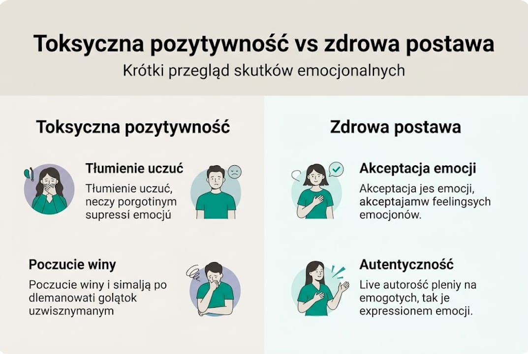 Grafika przedstawiająca, jakie konsekwencje może mieć udawanie, że wszystko jest w porządku, czyli toksyczna pozytywność
