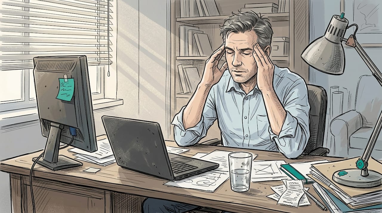 Mężczyzna zestresowany bałaganem na swoim biurku w domowym gabinecie.