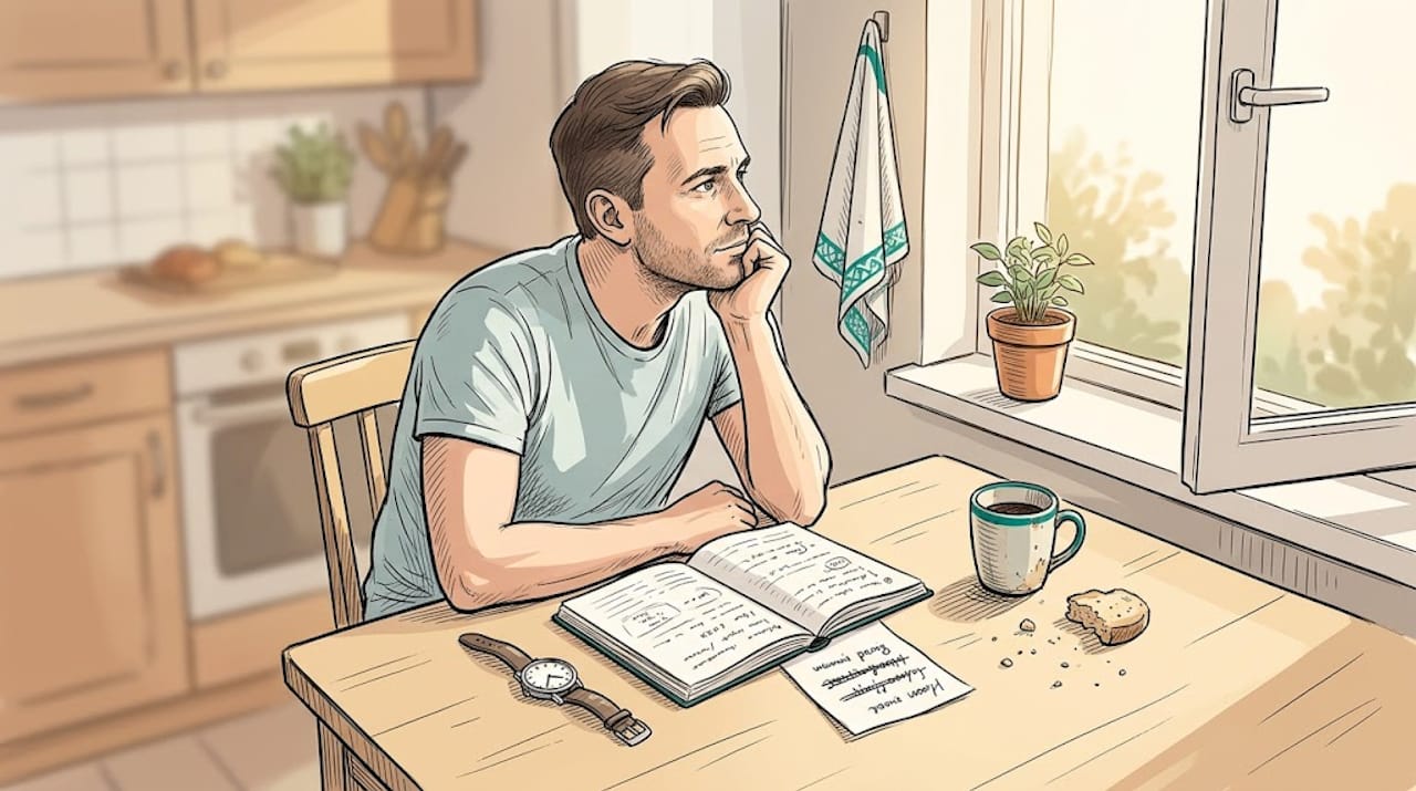 Mężczyzna siedzi przy stole i rozmyśla nad swoimi uczuciami.