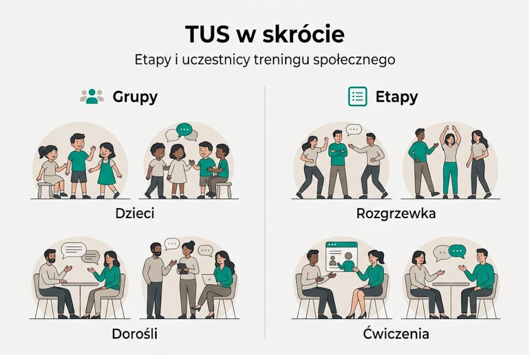 Grafika przedstawiająca przebieg TUS oraz osoby zaangażowane w każdy etap