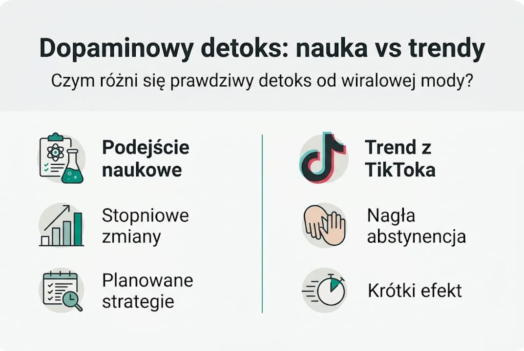 Grafika przedstawiająca zestawienie naukowego podejścia do detoksu dopaminowego z jego popularną wersją lansowaną w świecie mody.