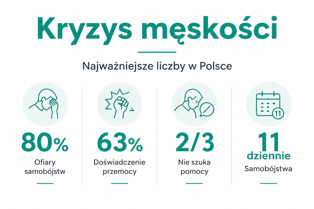 Infografika przedstawiająca najważniejsze dane dotyczące współczesnego kryzysu męskości