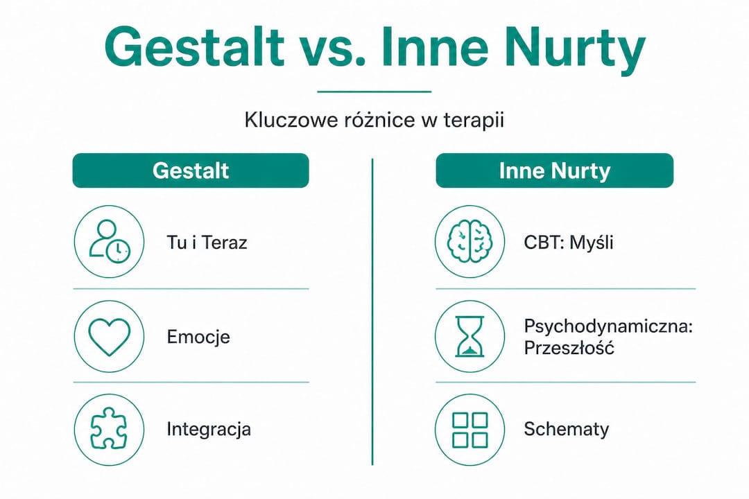 Grafika przedstawiająca zestawienie terapii Gestalt z innymi popularnymi podejściami psychoterapeutycznymi