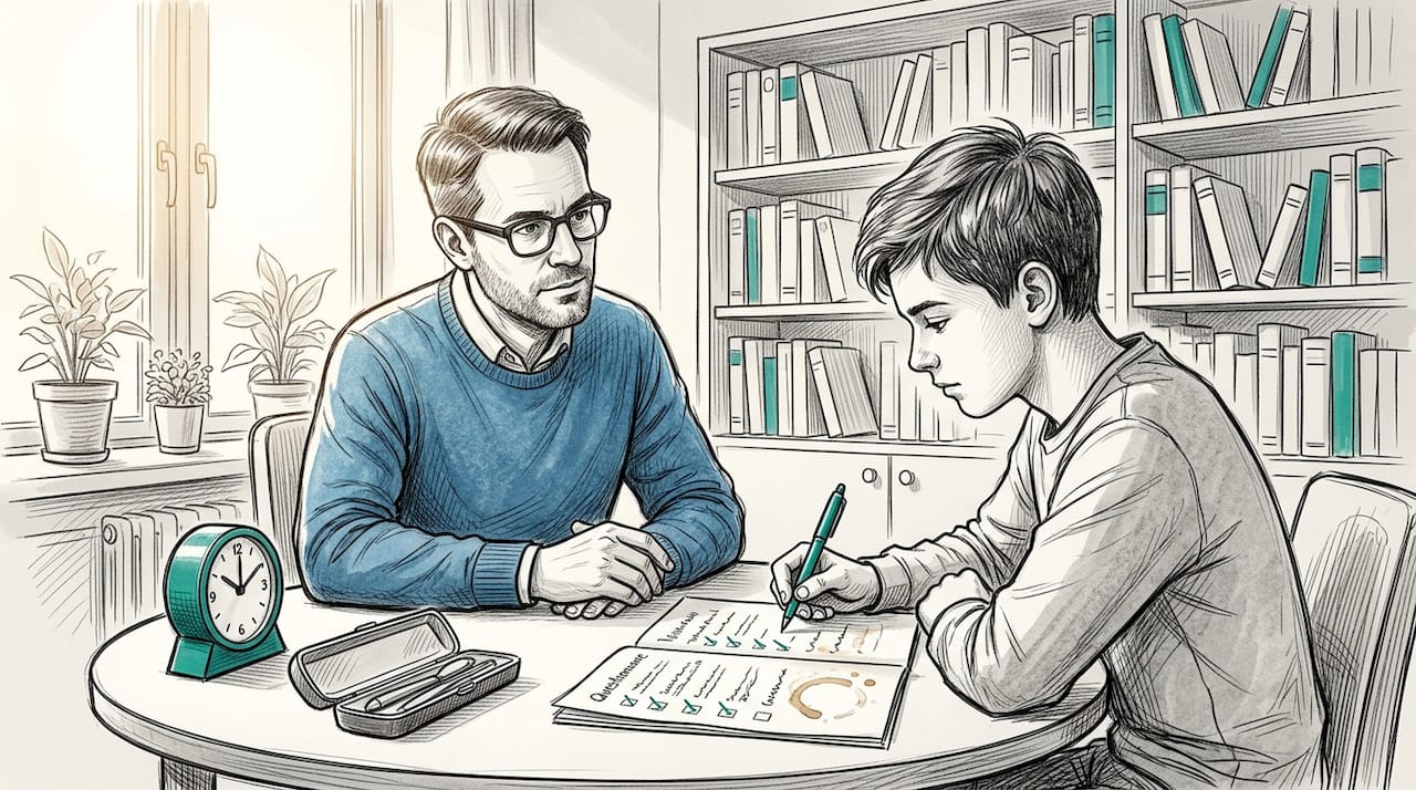Psycholog przeprowadza test w formie papierowej z nastolatkiem podczas spotkania.