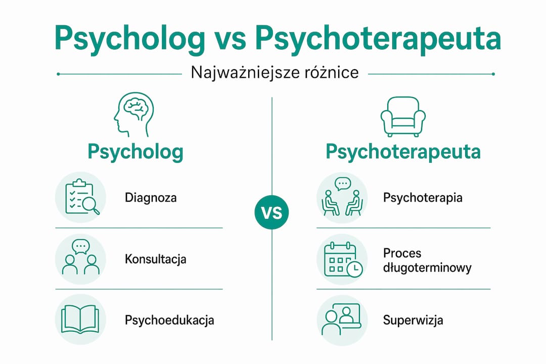 Grafika pokazująca różnice między psychologiem a psychoterapeutą