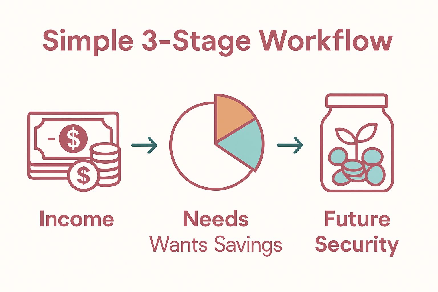 Three-step monthly saving workflow illustration: income, budget allocation, savings growth